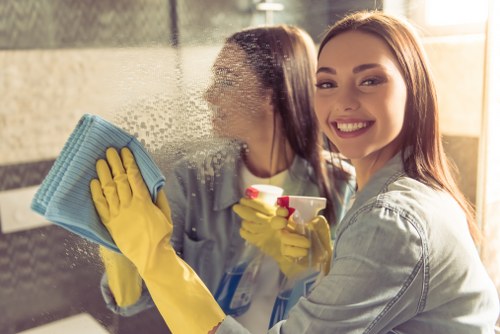 Professional cleaners maintaining a tidy office interior
