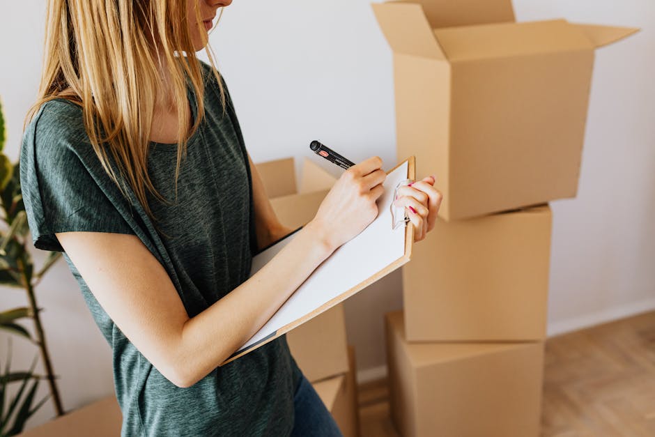 A woman with long blond hair wearing a dark green t-shirt is writing on a white clipboard with a black pen. She is standing indoors in a room with a wooden floor and white walls, surrounded by stacked cardboard moving boxes. A small green plant is visible to the left. The scene emphasizes organization and planning, relevant to end-of-tenancy cleaning checklists for SW15 landlords, representing thorough surface cleaning and preparation. The lighting is natural, and the focus is on her attentive process, illustrating professional domestic cleaning and sanitisation tasks as offered by Carpet Cleaners SW15.