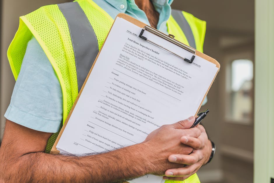 Close-up of a person wearing a high-visibility yellow safety vest and light blue shirt, holding a clipboard with an end-of-tenancy cleaning checklist. The checklist features printed text and checkboxes, and the individual is using a black pen to mark completed items. The background shows an indoor residential setting with a door and blurred interior elements, emphasizing a focus on surface cleaning and inspection, indicative of professional domestic cleaning or deep cleaning activities. The image highlights attention to hygiene and maintenance, aligning with services offered by Carpet Cleaners SW15 for comprehensive end-of-tenancy cleaning in SW15.