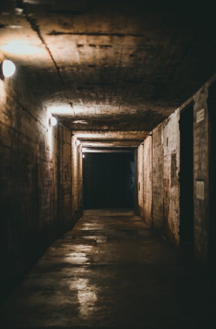 An underground corridor with concrete walls and ceiling, illuminated by a series of exposed light bulbs along the left side. The floor appears damp with reflections of the lights, giving a slightly shiny appearance. The corridor extends into darkness at the far end, with no furniture or objects visible. The utilitarian space suggests a basement or service area, maintaining a clean but slightly aged and industrial look. Carpet Cleaners SW15 specializes in odour removal for such basements near Putney Bridge, SW15, ensuring proper sanitisation and freshening of these spaces as part of thorough surface cleaning and deep cleaning services.